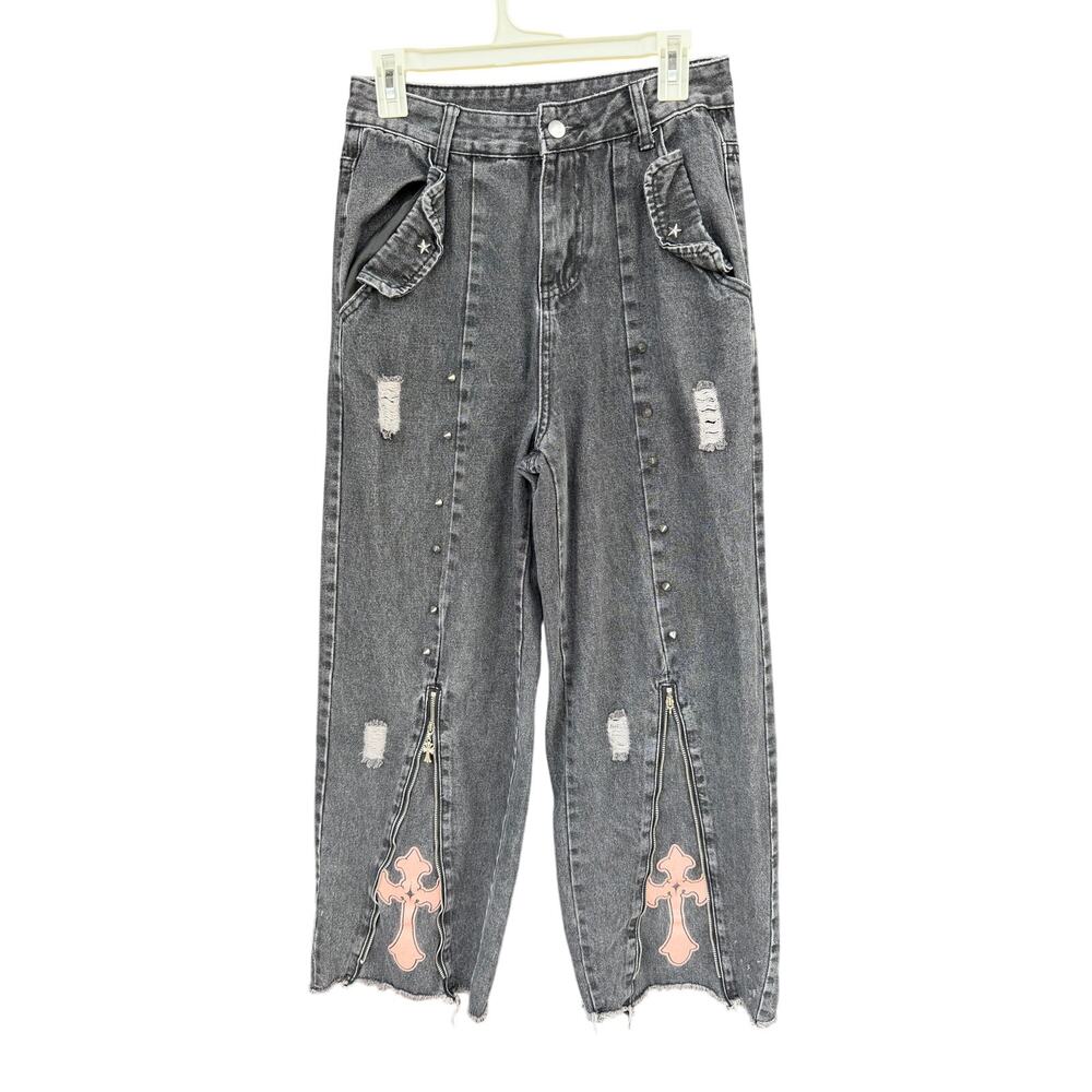 Y2K Gothic Grunge Vintage Casual High Waist Loose Pink Cross Zipper Trim Jean 29 - Picture 2 of 9
